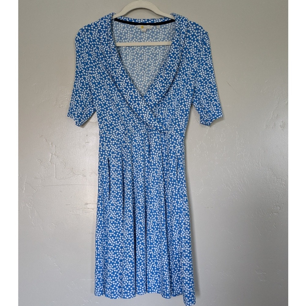 Boden Dress Womens 6R Blue White Polka Dots Midi Fixed Wrap V Neck Pockets